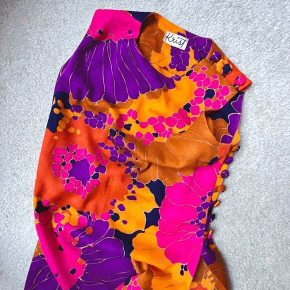 1960s Krist Vibrant Floral Print Dress/Tunic Set, Bold Psychedelic, XS/S - Picture 9 of 16